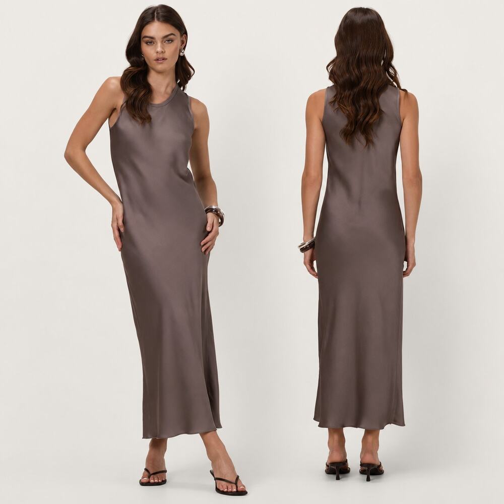 JAKI London Sabrina Sleeveless Satin Maxi Dress Crew Neck Slip Mink Gray NWT